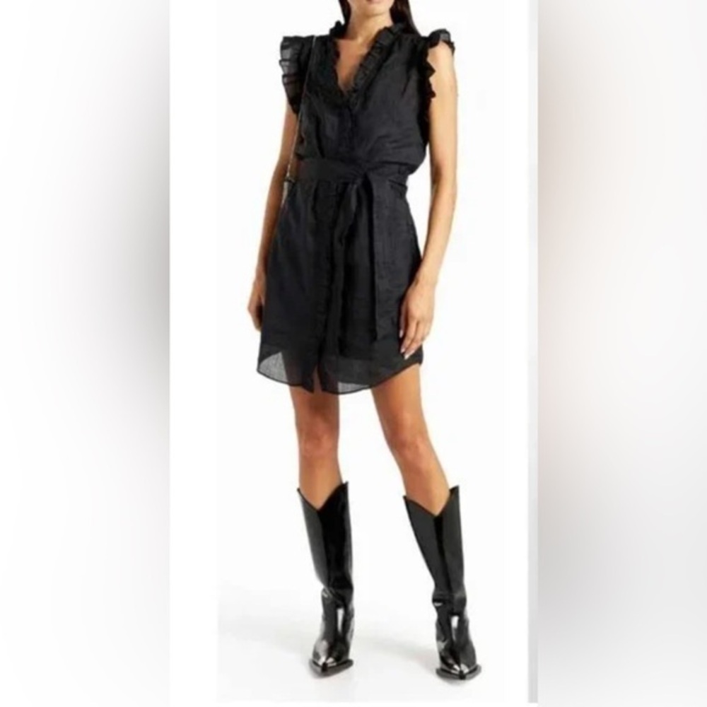 Frame Cotton Black Button Down Ruffle Mini Dress